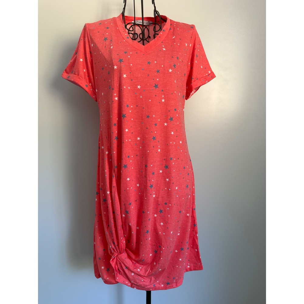 Michelle Mae Womens Star Print Side Knot V-Neck T-Shirt Dress Coral Pink Small